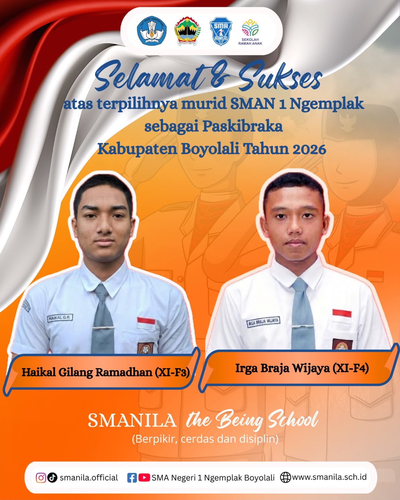 Congratss untuk duo kebanggaan SMANILA yang lolos Seleksi Paskibra Kabupaten Boyolali 2026