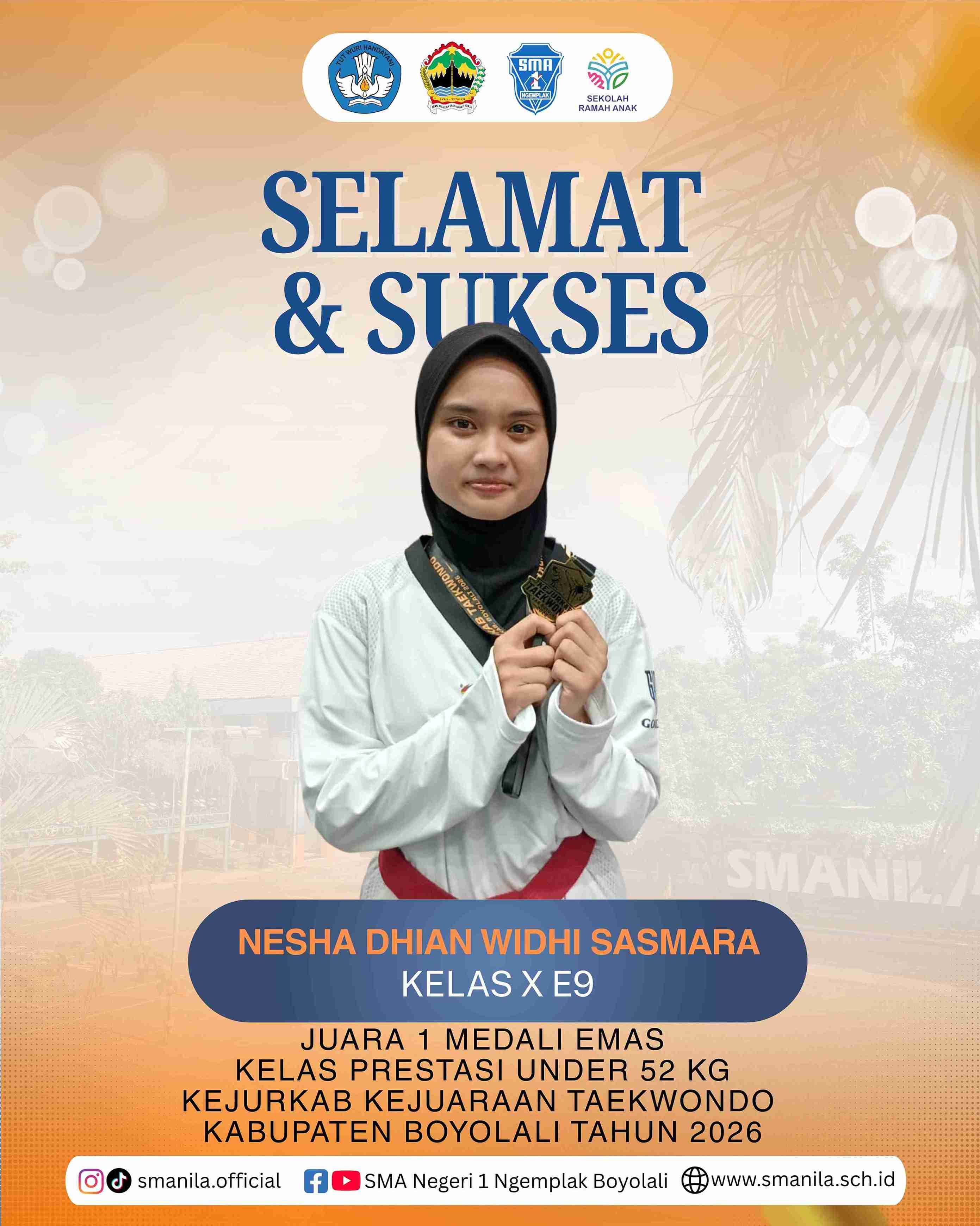 Selamat kepada Nesha Dhian Widhi Sasmara Juara 1 Medali Emas Taekwondo Under 52KG, dalam Kejurkab Kabupaten Boyolali 2026